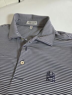 Peter Millar Summer Comfort Navy White Striped Golf Polo Size Medium Logo